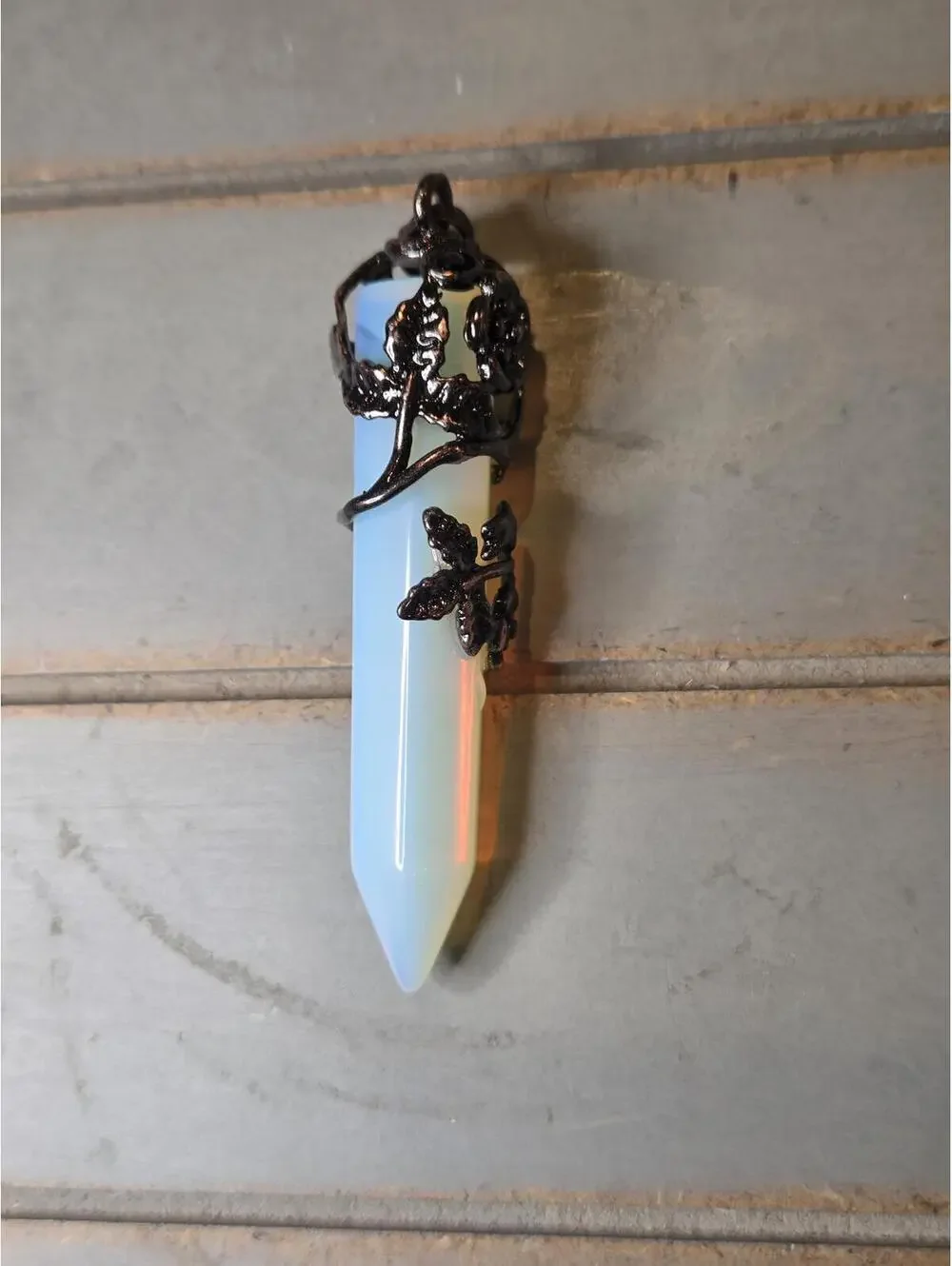 Opalite Point Pendant with Black Floral Vine Setting